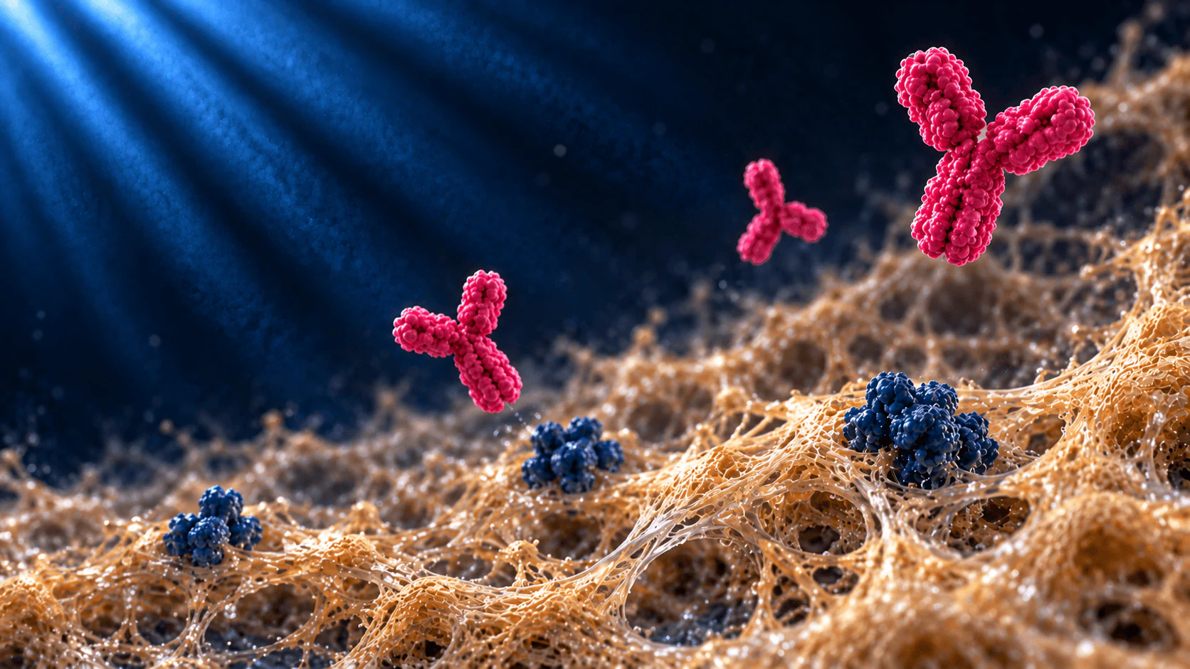 Illustration of a magenta TRL1068 antibody approaching its target within a biofilm environment